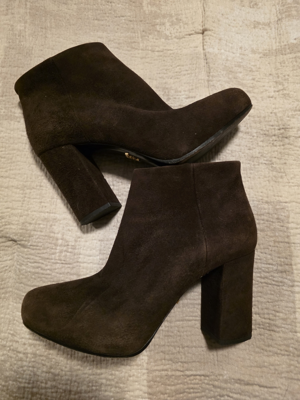Prada Dark Brown Suede Block Heel Ankle Boots